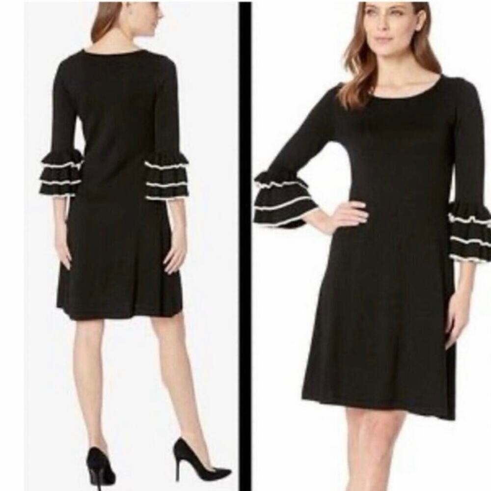 Danny & Nicole Black Ruffle Bell Sleeve Knit Sweater Dress Medium